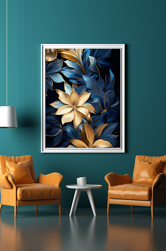 蓝金典雅大气花朵室内客厅玄关装饰画-众图网
