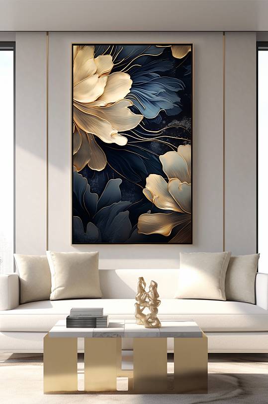 蓝金典雅浪漫大气客厅装饰画-众图网