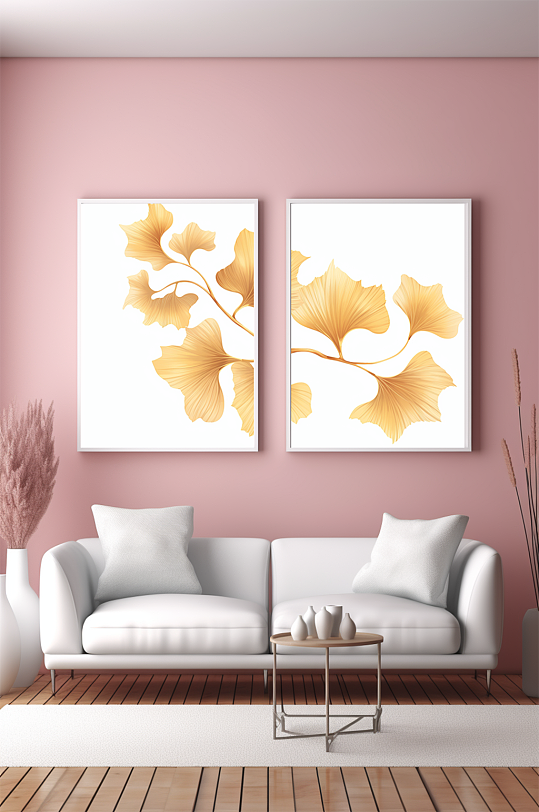 简约银杏叶室内客厅装饰画-众图网
