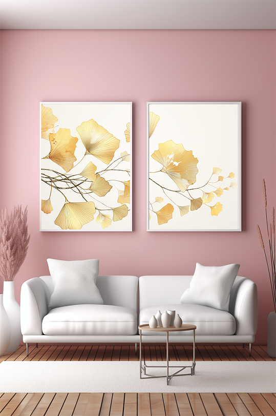 简约银杏叶秋季氛围室内客厅装饰画-众图网