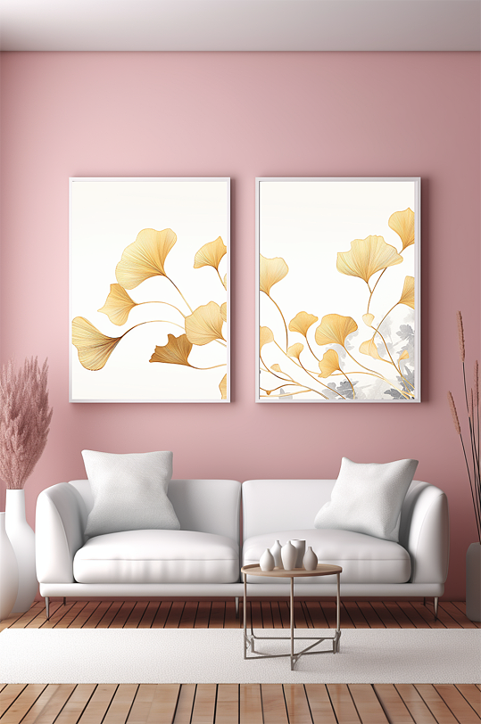 简约银杏叶室内客厅装饰画-众图网