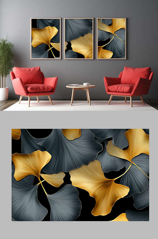 蓝金典雅银杏叶室内装饰画-众图网