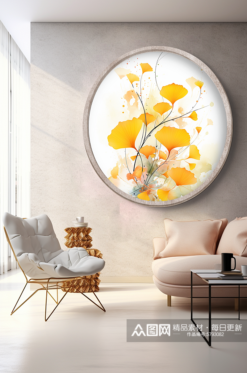 水彩风格秋季银杏叶室内装饰画素材