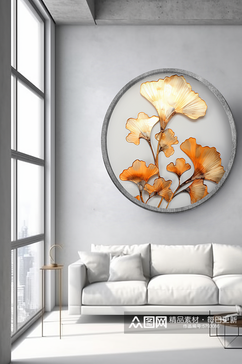 欧式立体金属质感银杏叶室内装饰画素材