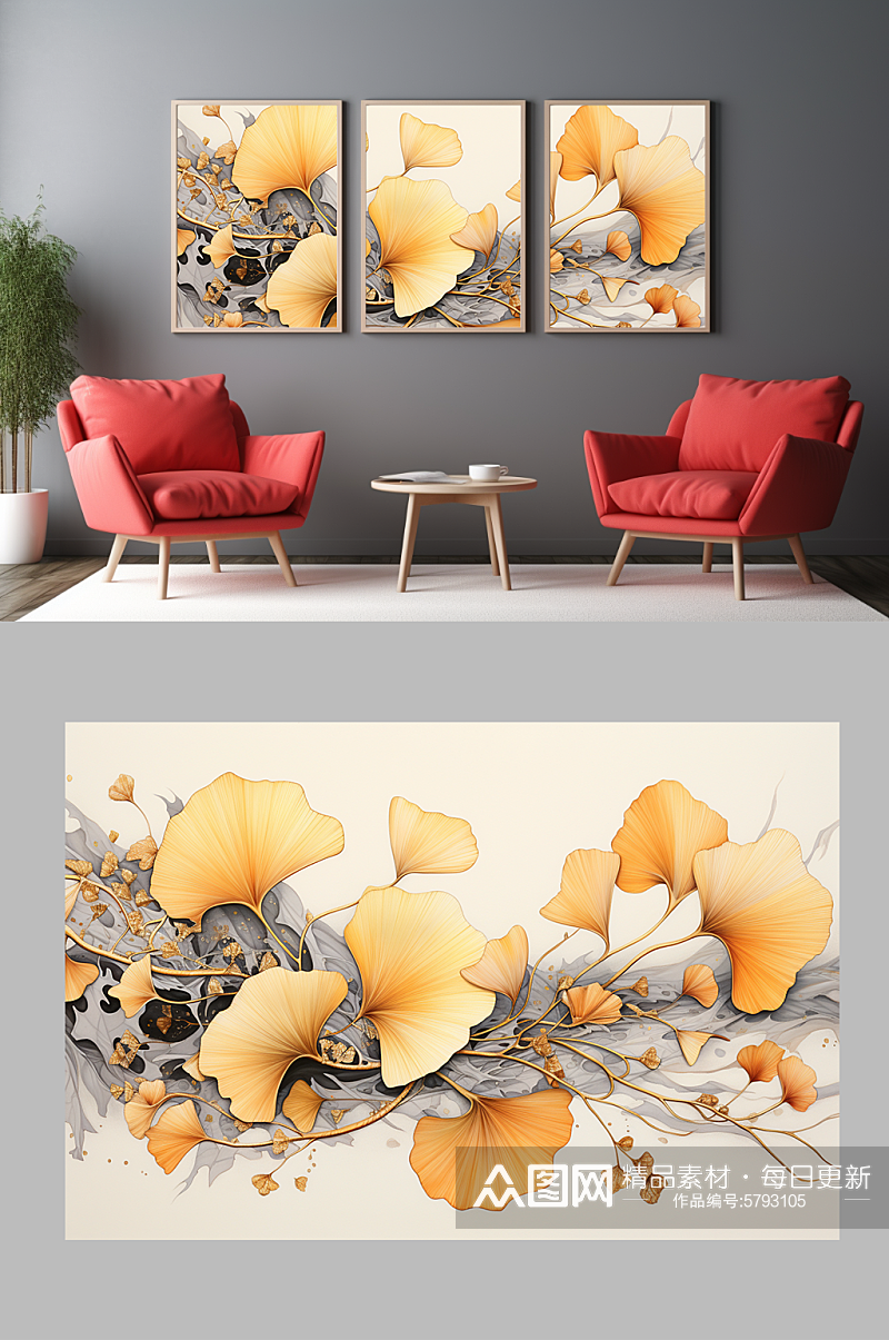 抽象线条银杏叶室内装饰画素材