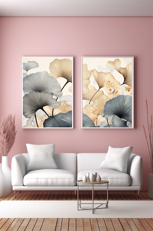 简约轻奢银杏叶客厅装饰画-众图网