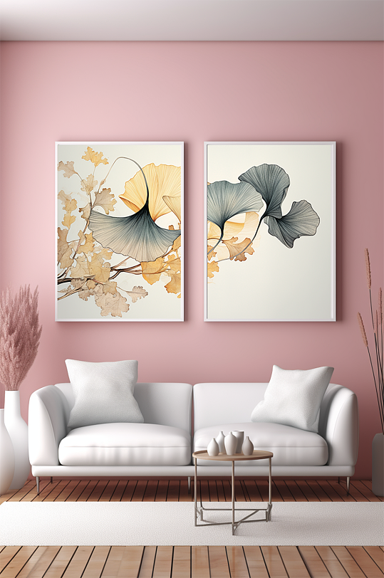 轻奢简约银杏叶客厅装饰画-众图网