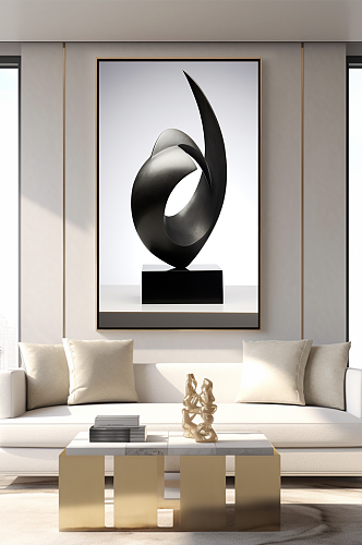 黑色抽象扭曲铁质雕塑室内装饰画