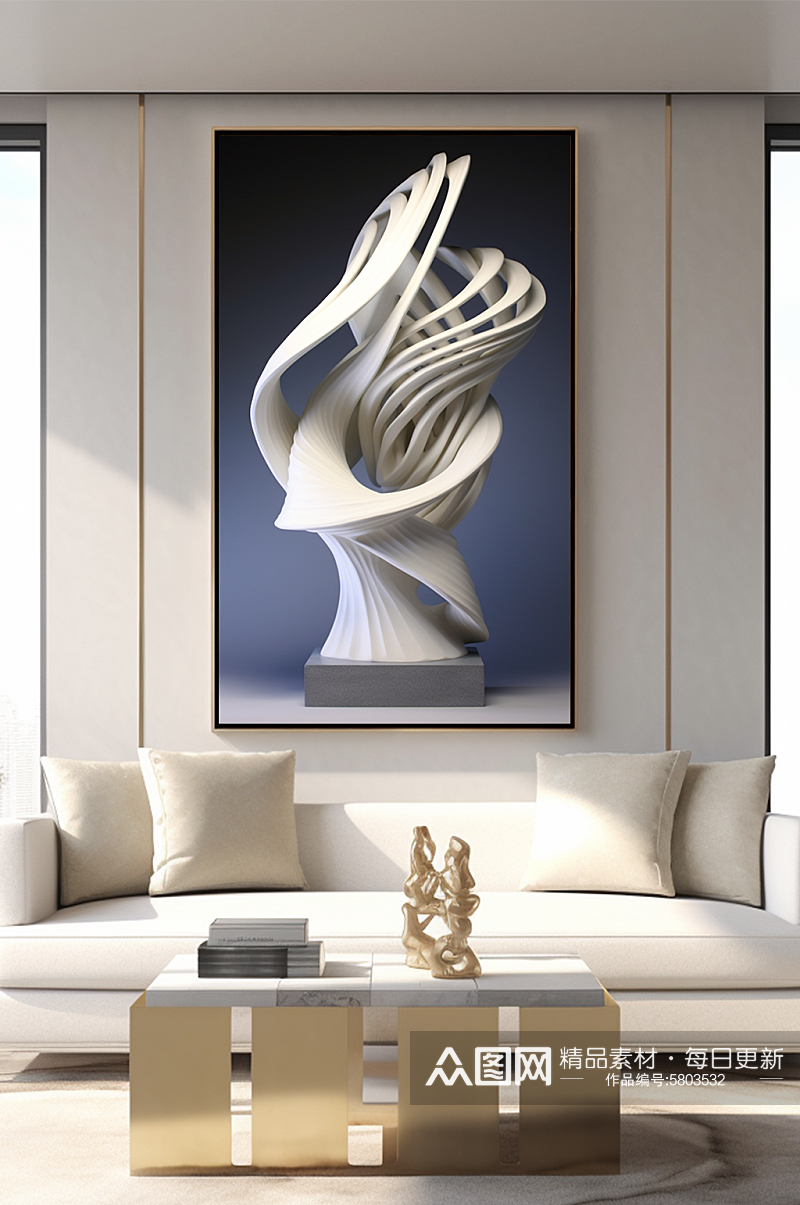 白色线条陶瓷质感现代抽象雕塑装饰画素材