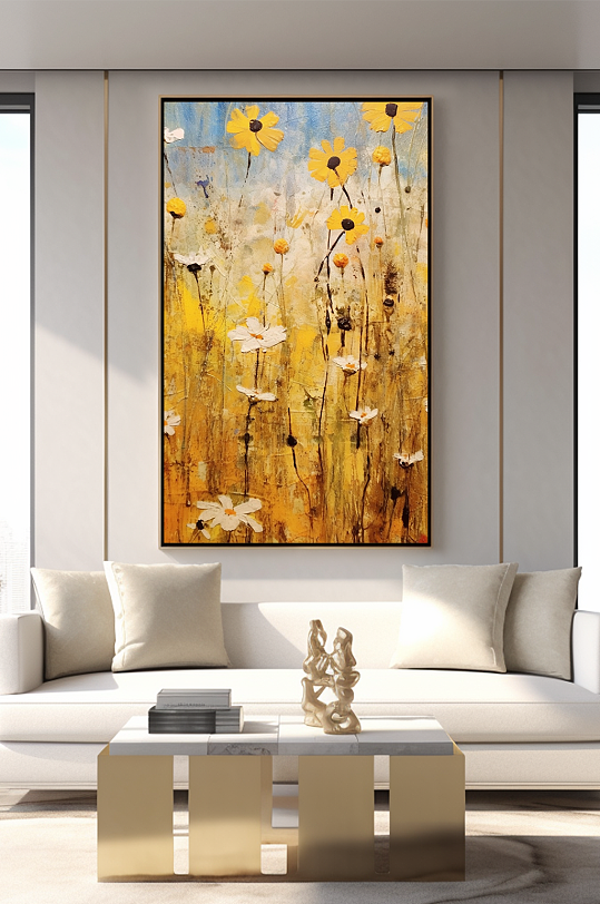 刮刀肌理立体小雏菊抽象油画风格客厅装饰画-众图网