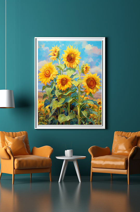 秋季向日葵油画风格客厅装饰画-众图网