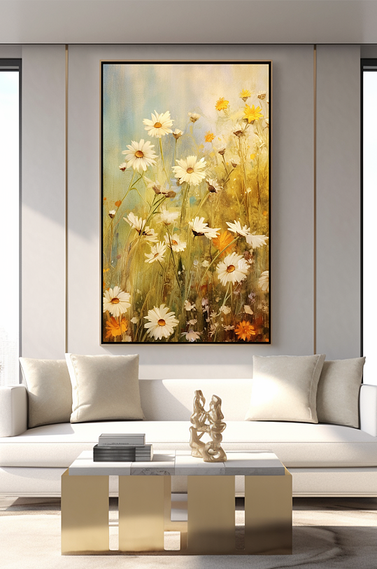 花丛小雏菊油画风格客厅装饰画-众图网