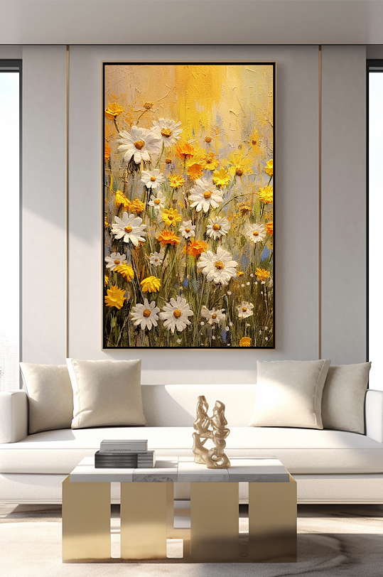 秋季小雏菊油画风格客厅装饰画