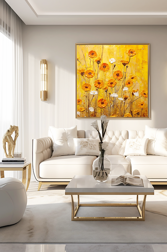 刮刀肌理立体小雏菊油画风格客厅装饰画-众图网