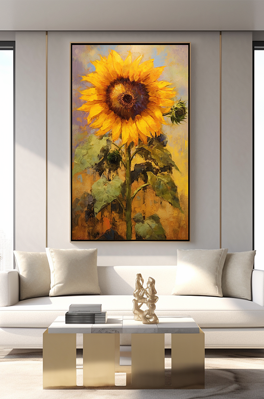 秋季向日葵油画风格客厅装饰画-众图网