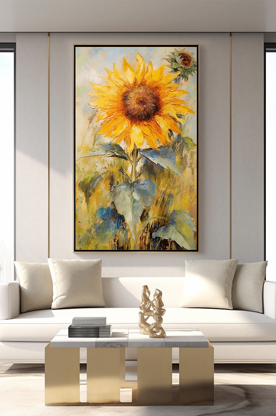 刮刀肌理现代向日葵油画风格客厅装饰画