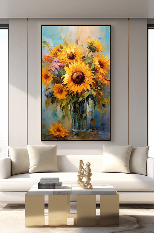 刮刀画向日葵油画风格客厅装饰画