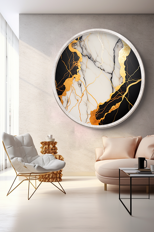 中式鎏金轻奢大理石现代装饰画-众图网