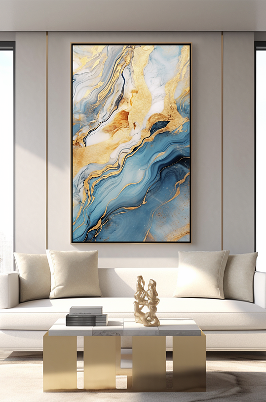 简约轻奢蓝金大理石质感室内装饰画-众图网