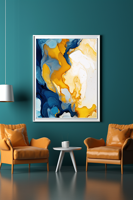 撞色蓝黄现代鎏金流体抽象装饰画室-众图网