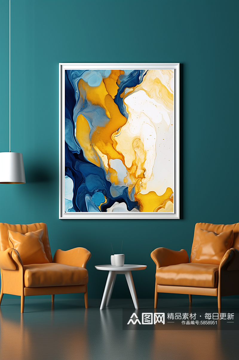 撞色蓝黄现代鎏金流体抽象装饰画室素材