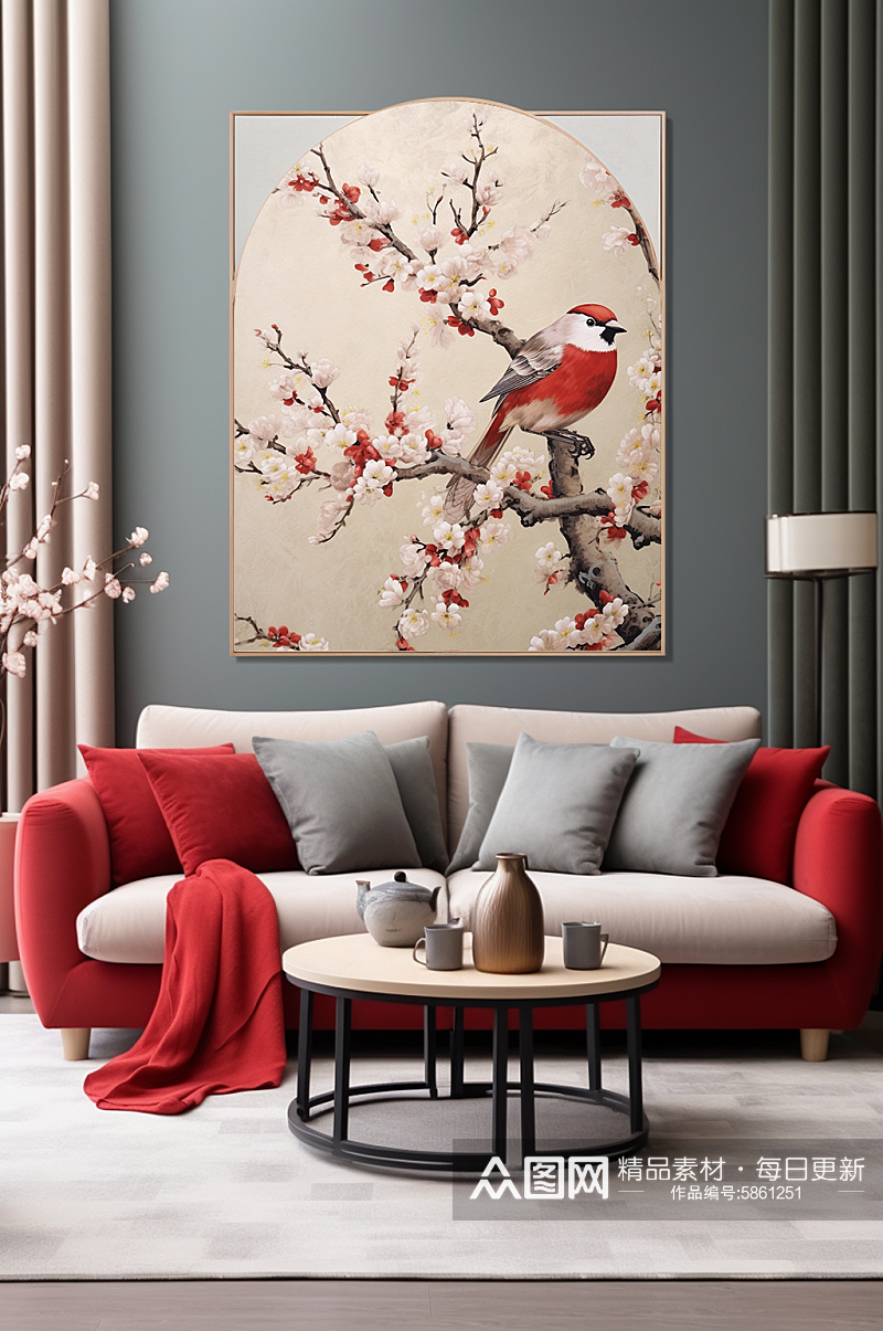 中国风梅花树枝中式花鸟室内装饰画素材