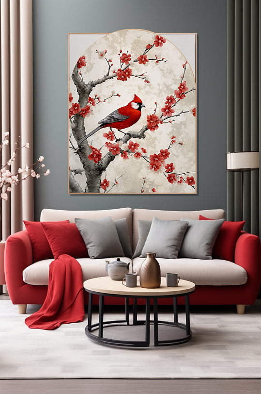 手绘中国风梅花树枝花鸟室内装饰画