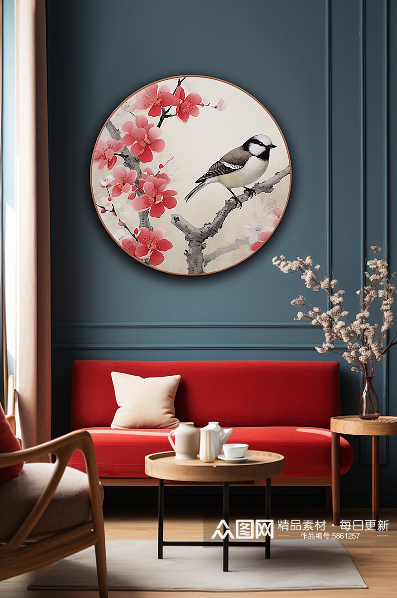 中国风工笔梅花树枝花鸟室内装饰画素材