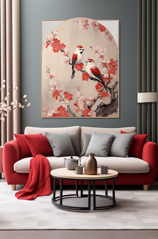 中国风国画梅花树枝花鸟室内装饰画