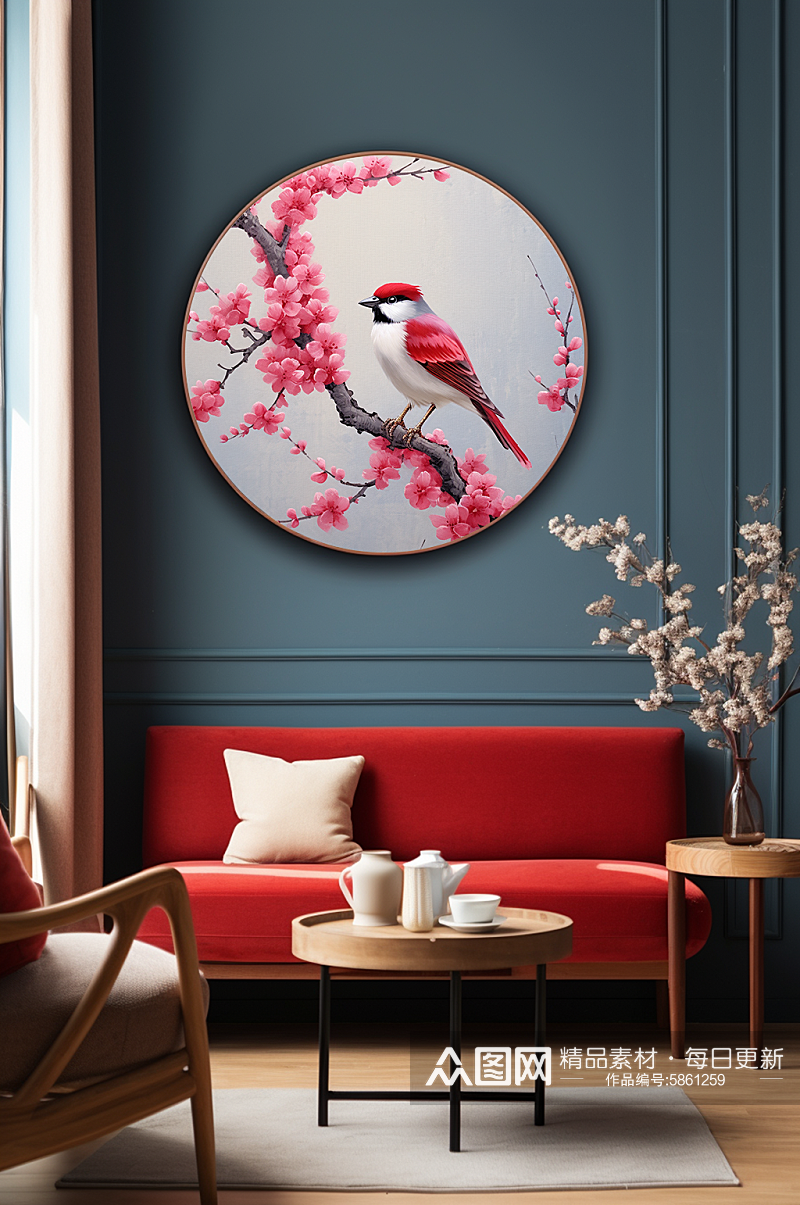 中国风红梅树枝花鸟室内装饰画素材