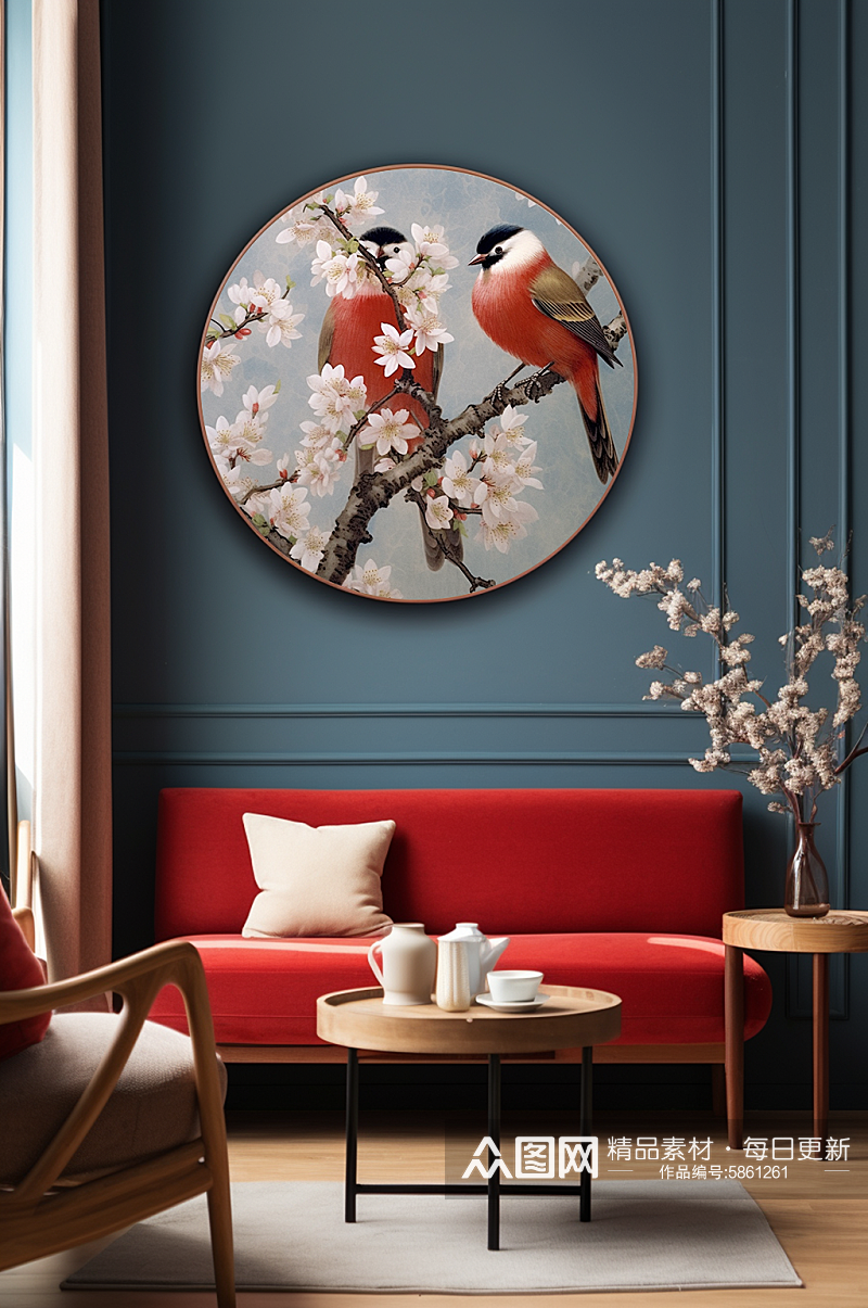 中国风杏花树枝花鸟室内装饰画素材
