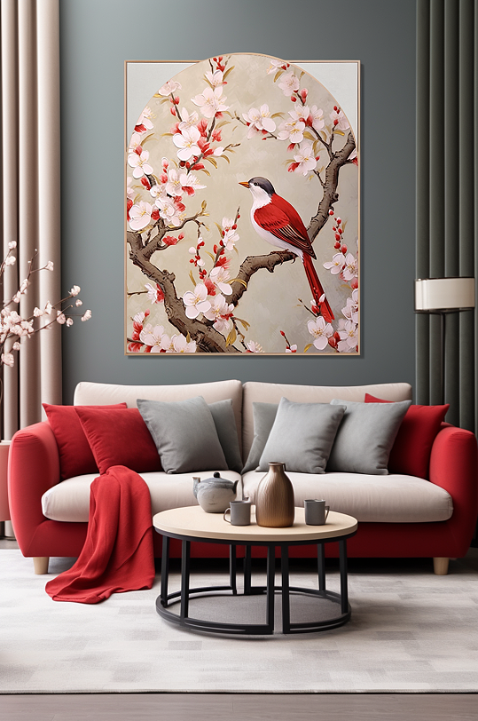 复古中国风梅花树枝花鸟室内装饰画