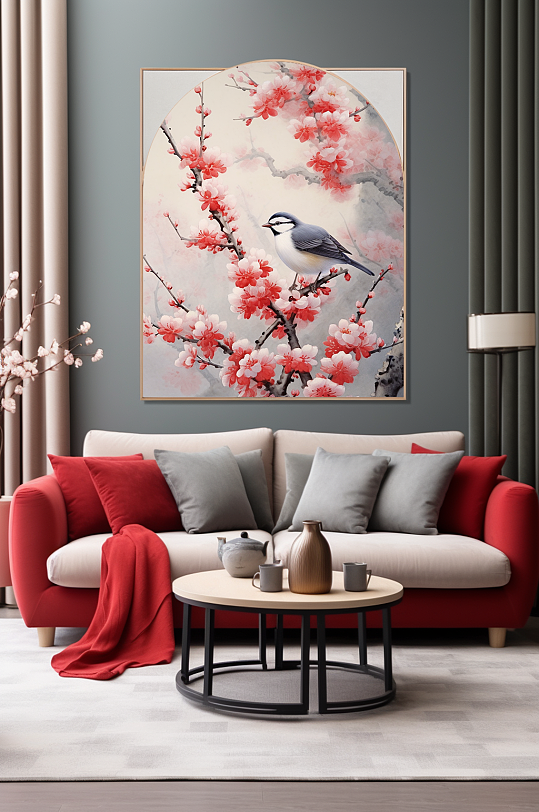 手绘中国风梅花树枝花鸟室内装饰画