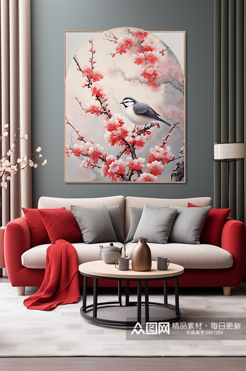 手绘中国风梅花树枝花鸟室内装饰画素材