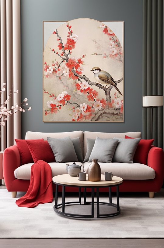 中式中国风梅花树枝花鸟室内装饰画