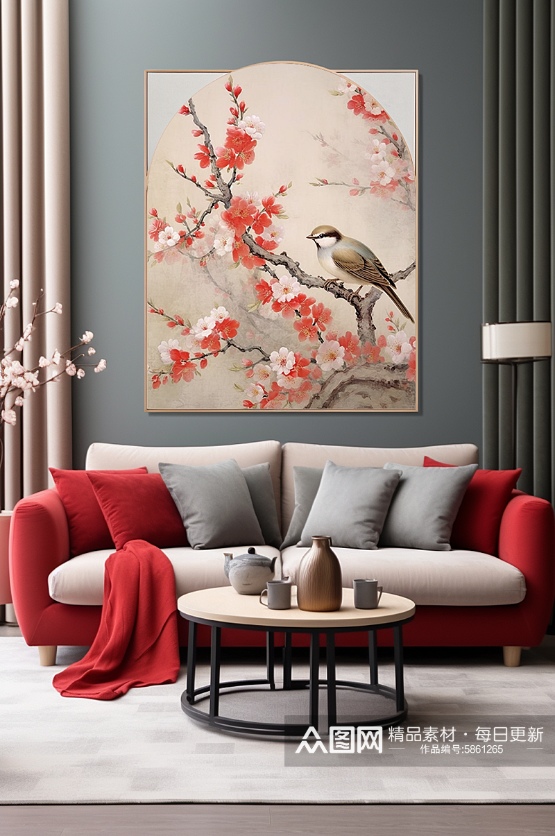 中式中国风梅花树枝花鸟室内装饰画素材