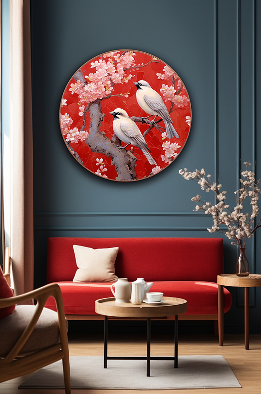 红梅花树枝花鸟室内装饰画
