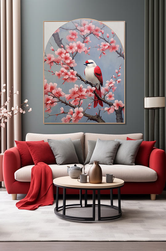 桃花梅花树枝花鸟室内装饰画-众图网