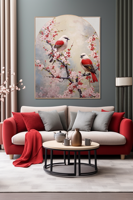 红色梅花树枝花鸟室内装饰画-众图网