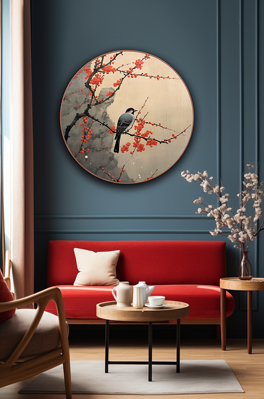 中国风工笔梅花树枝花鸟室内装饰画