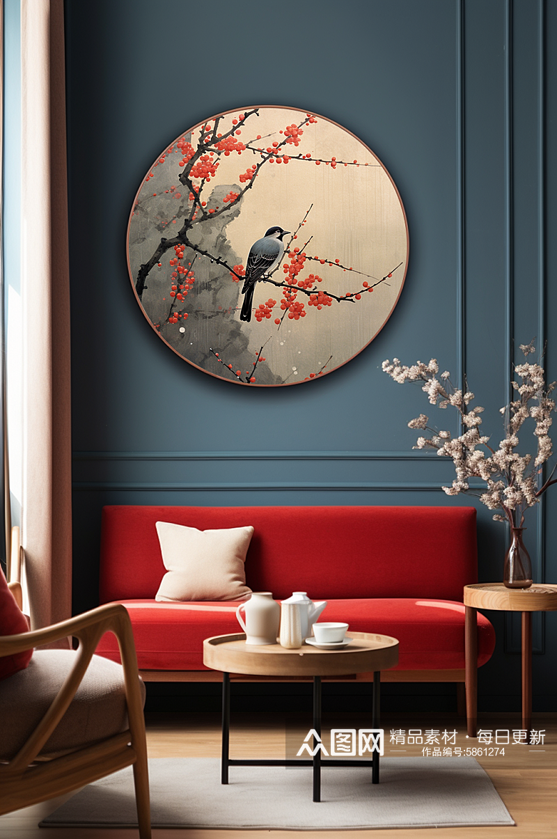 中国风工笔梅花树枝花鸟室内装饰画素材