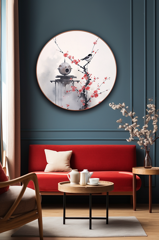 中国风水墨梅花树枝花鸟室内装饰画-众图网