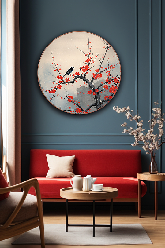 中国风水墨梅花树枝花鸟室内装饰画