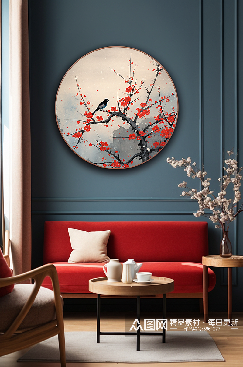 中国风水墨梅花树枝花鸟室内装饰画素材