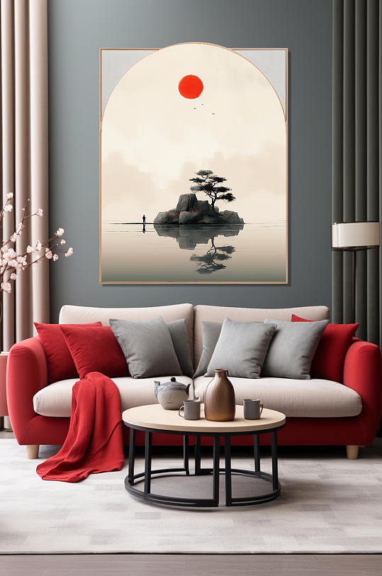 意境红色新中式水墨室内装饰画-众图网