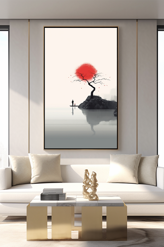 简约红色新中式水墨室内装饰画-众图网