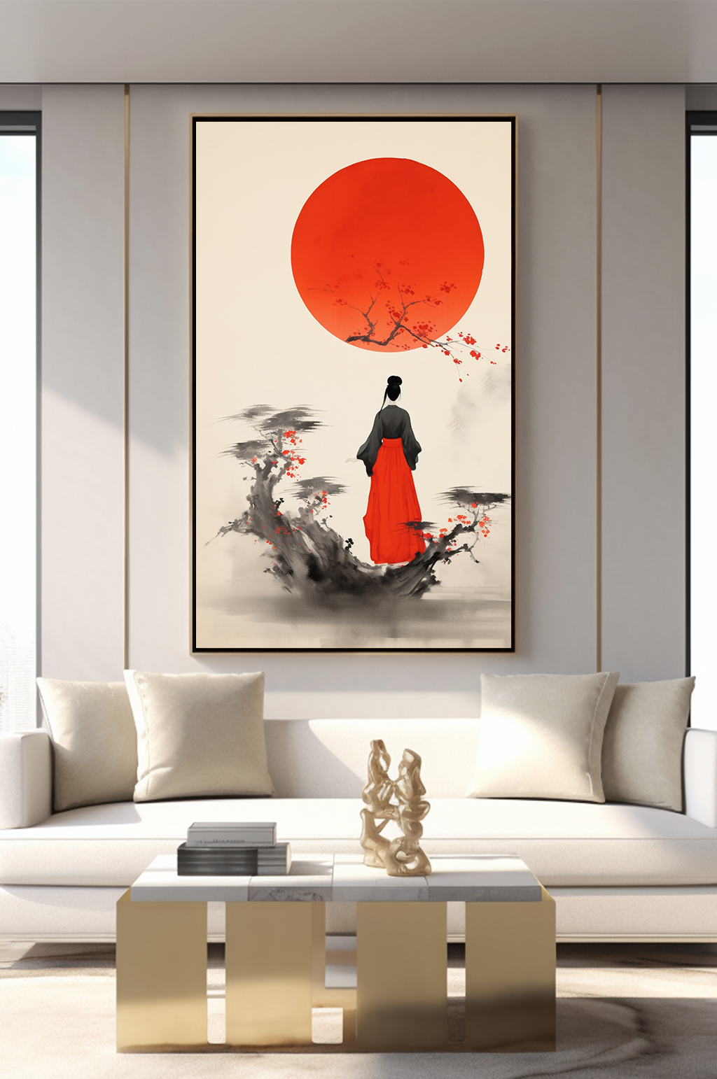 红色新中式水墨室内装饰画素材