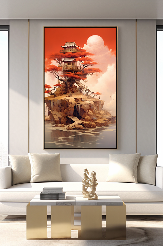 中国风亭台楼阁客厅装饰画