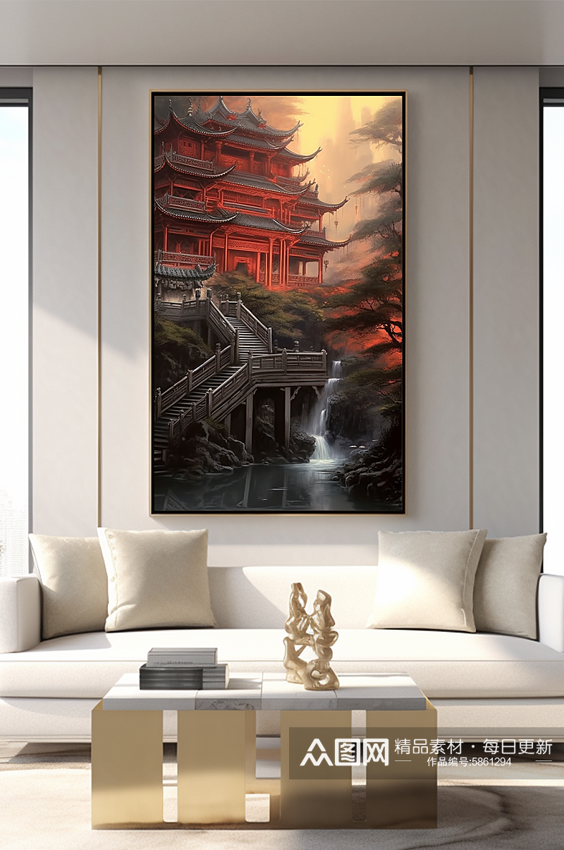 古寺山水现代中国风装饰画素材