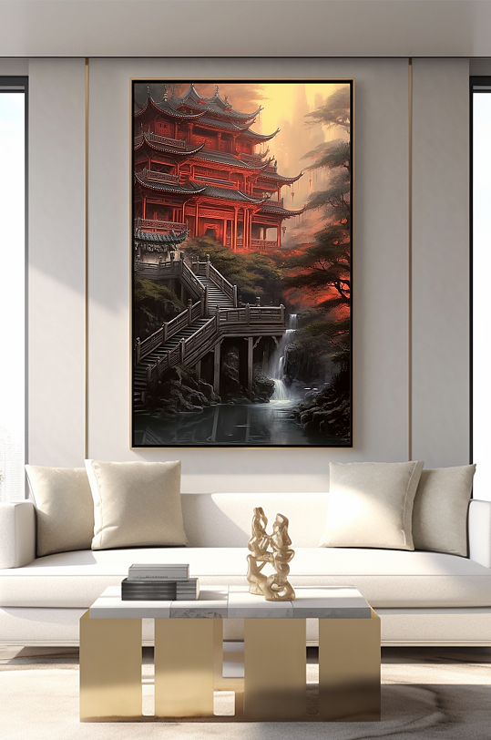 古寺山水现代中国风装饰画